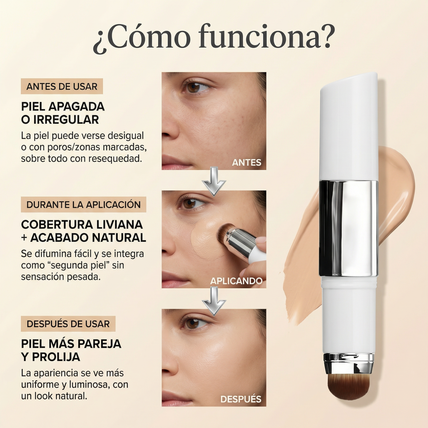 Base Camaleón™ en Stick (Se Adapta a Tu Tono) + Brocha Integrada